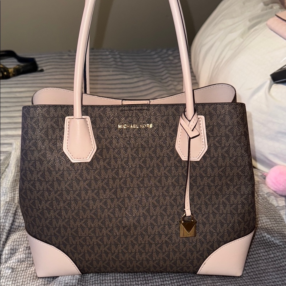 Michael Kors Pink and Brown Monogram Tote with Gold Hardware